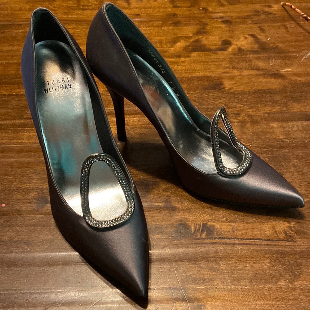 Stuart Weitzman Charcoal Satin Stilletos - image 1